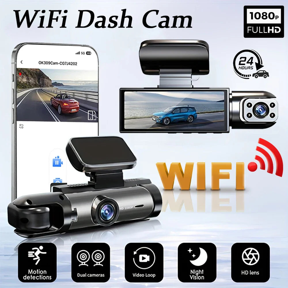 1080P WIFI Dual Camera Dash Cam for Cars | Front and Inside Car Camera with IR Night Vision | Loop Recording Wide Angle Car DVR Camera