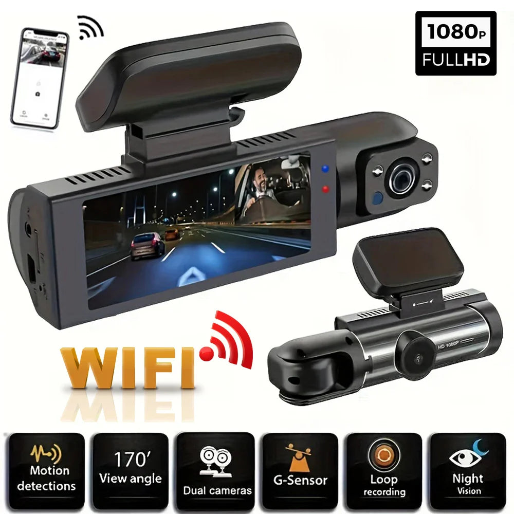 1080P WIFI Dual Camera Dash Cam for Cars | Front and Inside Car Camera with IR Night Vision | Loop Recording Wide Angle Car DVR Camera